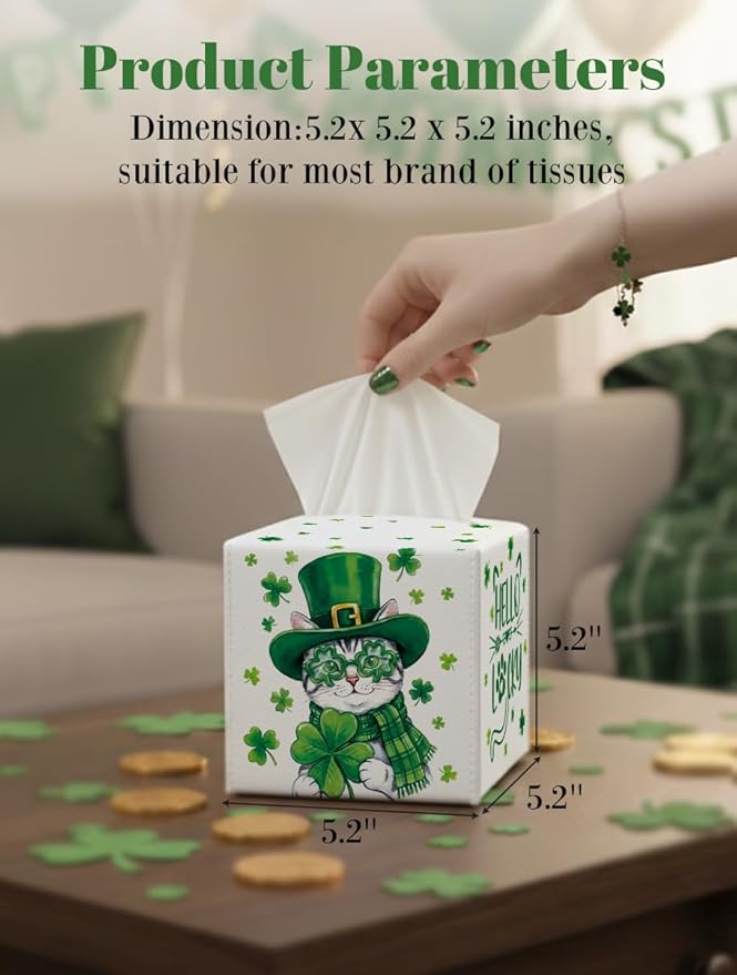 St.Patrick's Day Napkin Tissue Box Cover, Cat Shamrock Waterproof Leather Paper Organizer Dispenser for Table Dining, Bathroom, Nightstand Vanity, Car, Housewarming Gift Ideas, A