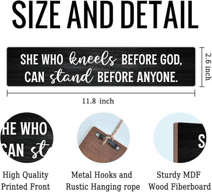 AGMDESIGN She Who Kneels Before God Can Stand Before Anyone Christian Wood Sign, Faith-Based Wall Decor for Shelf Door Desk, Bible Verse Wood Hanging Plaque for Prayer Room Bedroom Home Office Church