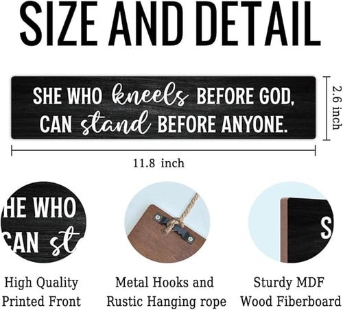 AGMDESIGN She Who Kneels Before God Can Stand Before Anyone Christian Wood Sign, Faith-Based Wall Decor for Shelf Door Desk, Bible Verse Wood Hanging Plaque for Prayer Room Bedroom Home Office Church