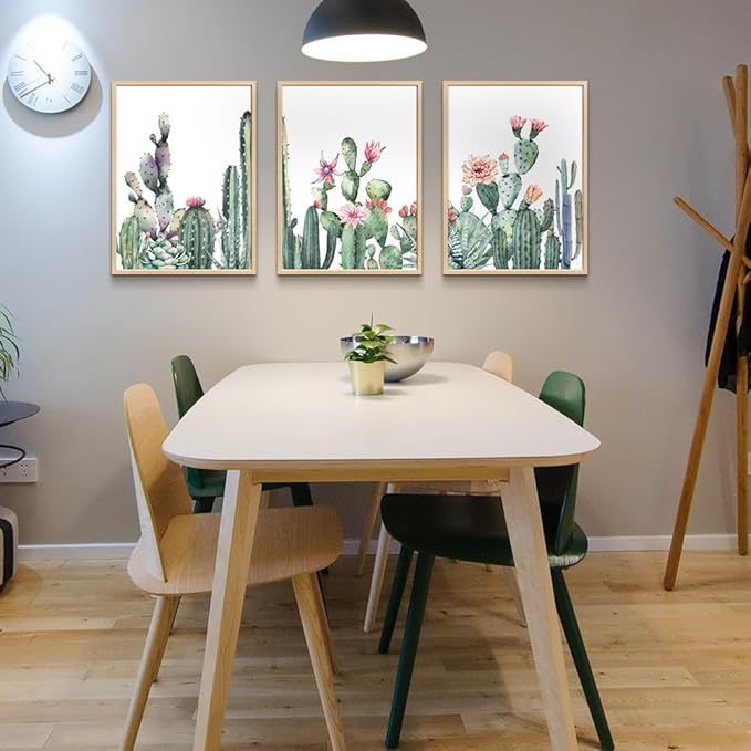 TTHYUEWS Large Boho Wall Art For Living Room Wood Framed Wall Decor For Bedroom Office Wall Art Kitchen Home Decoration Canvas Framed Prints Art Green Cactus Wall Paintings Leaves Pictures Artwork