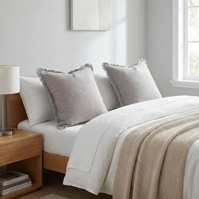Sunday Praise Set of 2 Linen Fringe Decorative Pillow Covers 20x20 Inch Farmhouse Accent Boho Throw Pillow Cases with Tassels Cozy Soft Square Cushion Covers for Couch Sofa Bed Home Decor,Grey