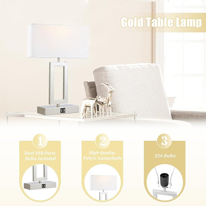 Silver Table Lamps Set of 2 with Dual USB Ports,3-Way Dimmable Touch Control Bedside Lamps,Modern Bedroom Table Lamp for Living Room,Nightstand LED Bulbs Included