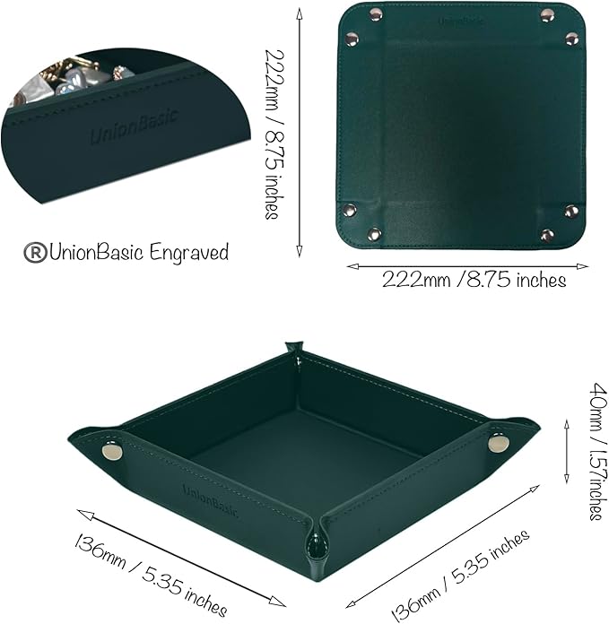 UnionBasic Valet Tray, Jewelry Tray for Rings Watches Earrings, Entryway Catchall Caddy for Coins Keys Change, Nightstand Organizer Bedside Valet Holder, Trays for Electronic Gadgets, Vintage Green