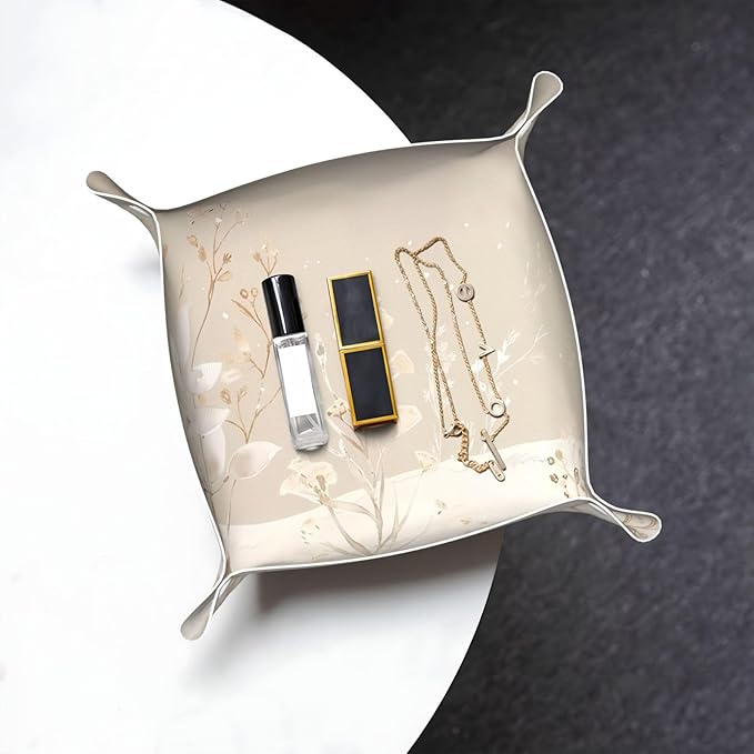 Leather Storage Tray for Bedside Table, Desk, Dressing Table, and More - Easy to Clean Small Silver and White Powder Printing