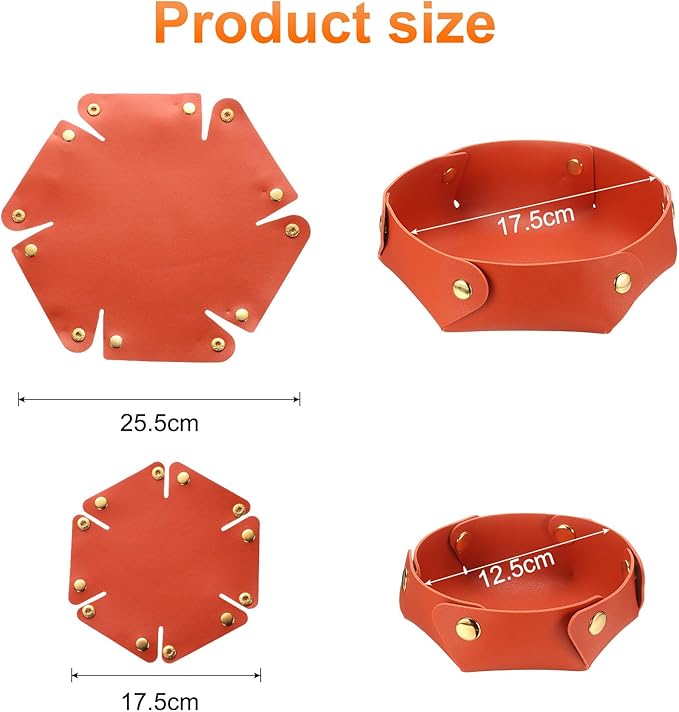 uxcell 2 Pcs Valet Tray for Women and Men, PU Leather Jewelry Tray Entryway Table Bedside Nightstand Catchall Storage Organizer for Jewelry Key Coin Watch Wallet (2 Size, Orange)