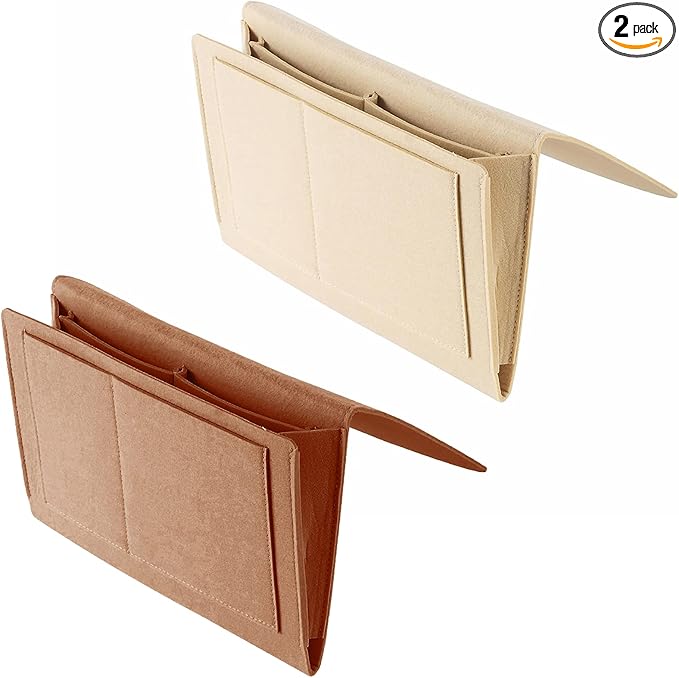 2pcs Felt Bedside Caddy Storage Bag with 5 Pockets, Bed Sofa Hanging Organizer for Magazines Books Glasses, College Dorm Bed Organization Bedroom Organizer (Beige+Brown)
