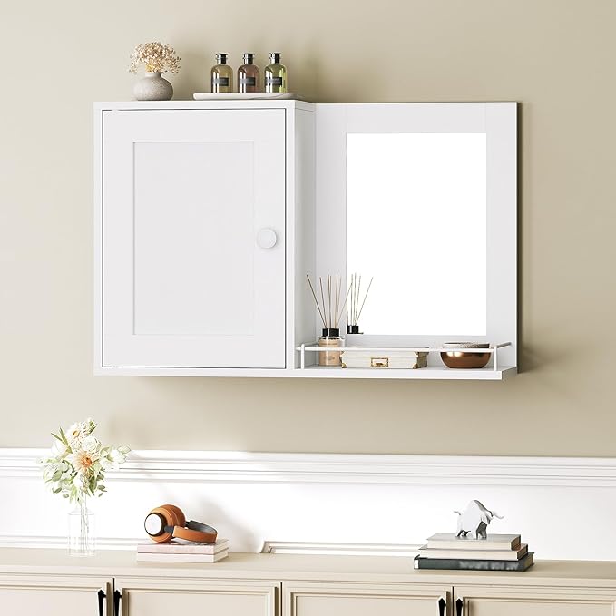 Medicine Wall Cabinet with Mirror, Bathroom Mirror with Storage, Medicine Cabinet Mirror, Wall Mounted Home Storage, Adjustable Shelf, for Laundry Room, Bedroom, Camper, Hallway, White