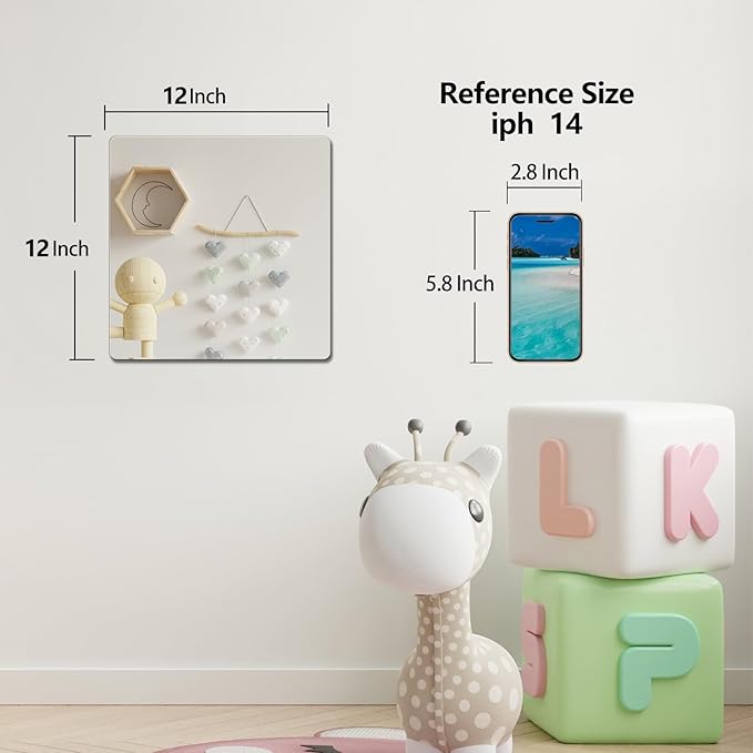 1Pcs 11.75"x11.75" Kids Safety Shatterproof Mirror for Wall, Plastic Mirror Wall Mounted, Made of Unbreakable Acrylic Non-Glass, Thick 1/8", Great for Bedroom Door Closet, Kids' Rooms Mirrors