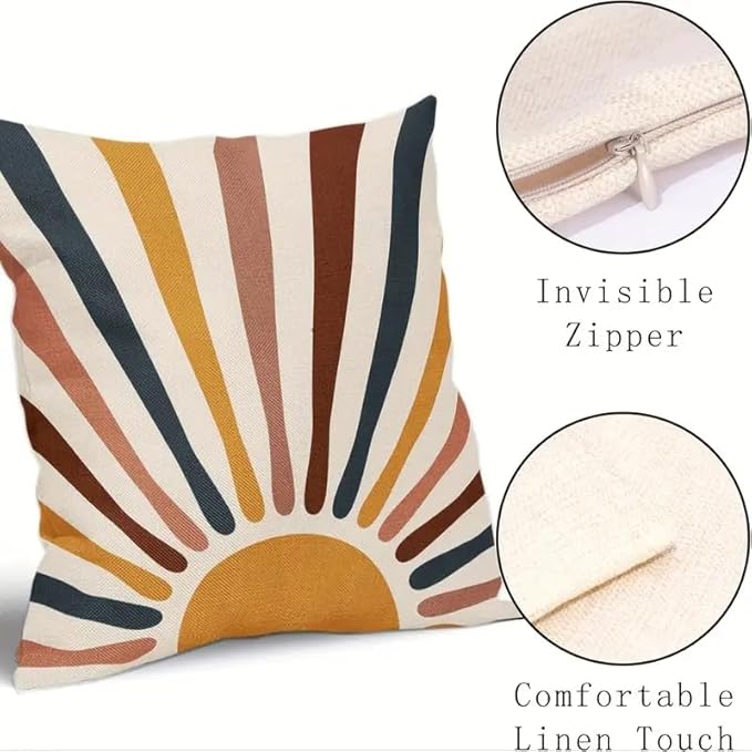 Boho Sunburst Decorative Throw Pillow Cover, Modern Abstract Design with Multicolor Rays in Navy, Mustard, and Terracotta, 2 Pack，18x18 Pillows Linen Pillowcase