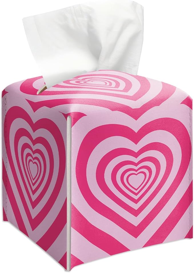 Pink Heart Tissue Box Cover, Cute Tissue Holder Square with Bottom Belt for Home Bathroom Office Vanity Countertop, Valentine's Day Gifts Ideas for Women Friends Mom Bestie -15