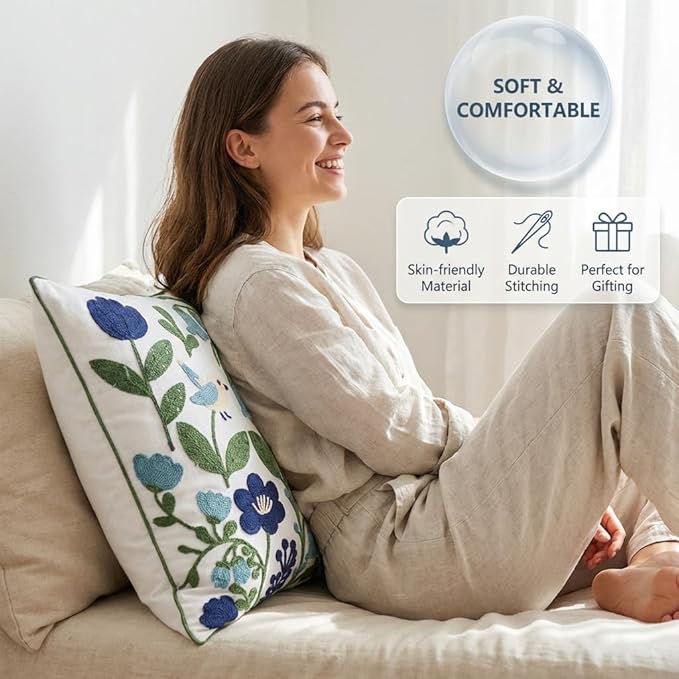 YIcabinet Pack of 2 Throw Pillow Covers, Embroidered Bird Flowers Pattern Throw Pillow Cover,Square Cotton Cushion,Pillow Case for Sofa Bedroom Couch,18"x18"