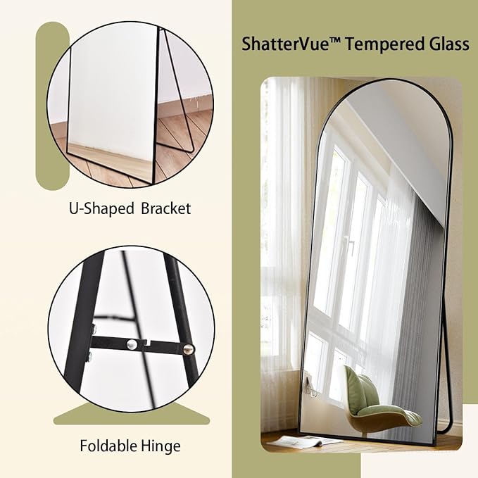 BEAUTYPEAK 71"x26" Full Length Mirror, Arch Full Body Floor Mirror, Wall Mirrors Hanging or Leaning Arched-Top with Stand for Bedroom, Dressing Room, Black