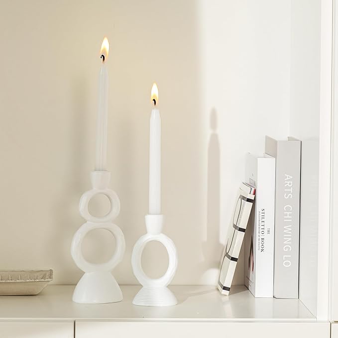 White Taper Candle Holders for Candlesticks, Unique Decorative Candlesticks Holder Home Decor Set of 2 for Fall Thanksgiving Wedding Table Centerpiece Decorations, Modern Aesthetic Room Decor（Resin）