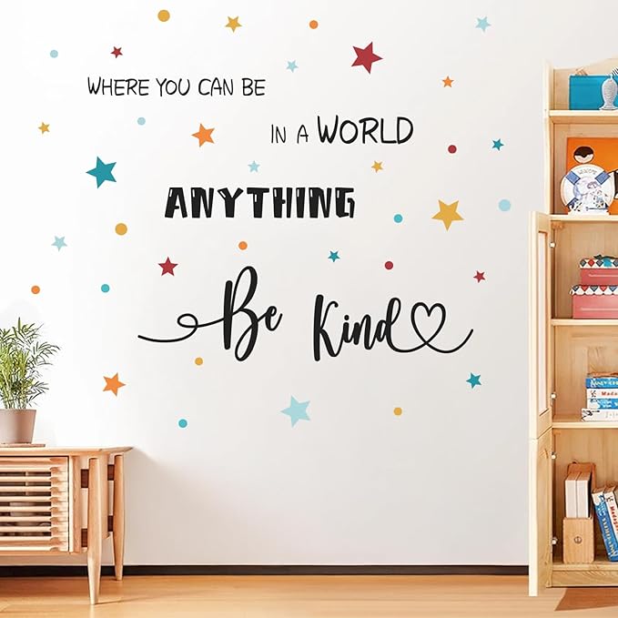 HLNIUC Be Kind Quotes Wall Sticker(35”x12”)In a World Where You Can Be Anything Art Decal,Motivational Sayings Star Wall Decals,Colorful Dots Inspirational Words Room Stickers for Kids Bedroom,Nursery
