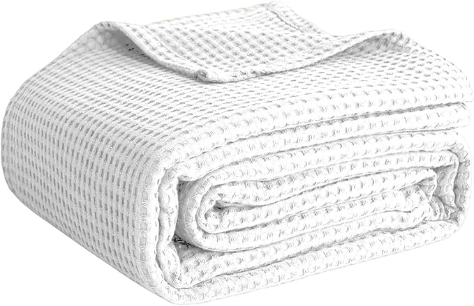 100% Cotton Blankets for Bed - Waffle Weave Blankets for Summer, Lightweight and Breathable Soft Woven Blanket for Spring (White, King (90" x 108"))