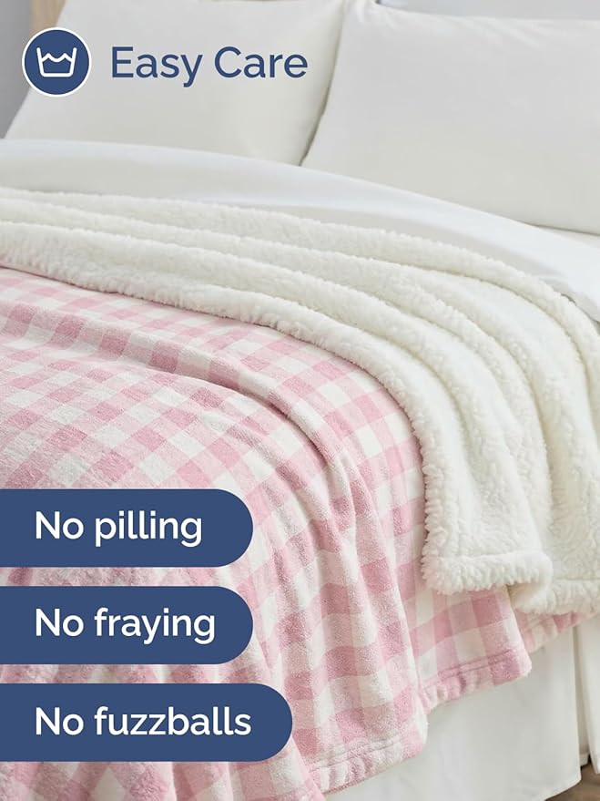 Sherpa Fleece Blanket Throw Size - Reversible Sherpa Fleece Throw Blanket - Super Soft Double Sided for Bed, Sofa, Couch - Thick, Warm, Plush - Luxurious Bedding for Winter - Pink Checkered, 50" x 60"