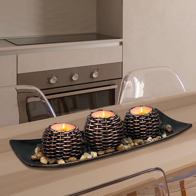 Coffee Table Decor, 3 Pieces Candle Holders with Tray and Rocks, Centerpiece Table Decorations for Living Room, Dining Room, Bedroom, Entryway Table Decor Thanksgiving Gift