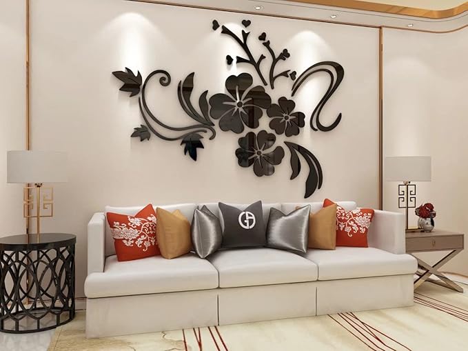 Wall Stickers 3D Flower Pattern - Family Wall Decals Living Room Wall Decor Sticker for Walls Decor Living Room Home Decorations Room Decor for Office Sofa Bedroom Decals (Black S:90cm * 120cm)
