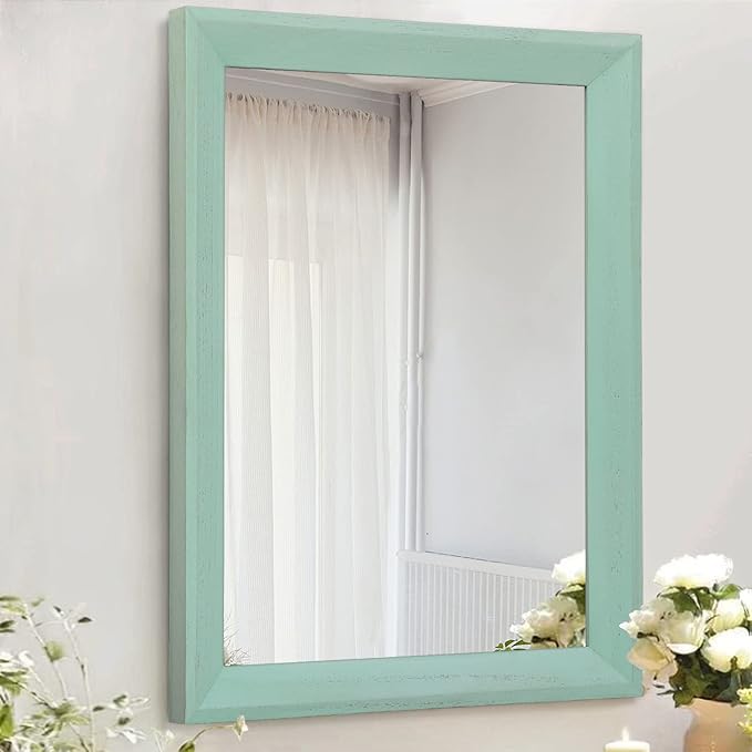 AAZZKANG Wood Framed Mirror Rectangle Modern Farmhouse Wall Mirrors Decor Large 20"x16" for Bedroom Living Room Bathroom Dressing Room Green
