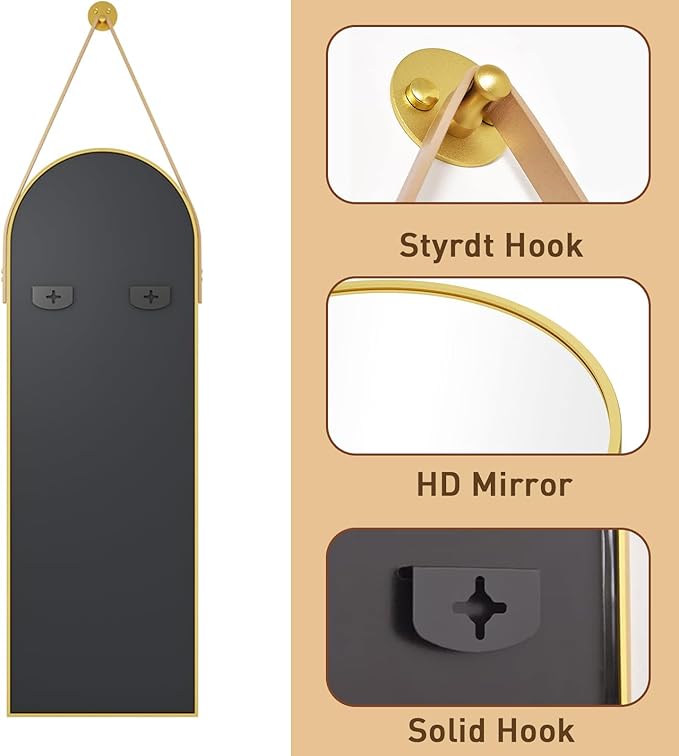 Full Length Mirror, Arched Wall Mounted Mirror, 47"x16" Door Mirrors with Hanging Leather Strap, Wall Mirrors Full Length with Aluminum Frame for Bathroom Living Room Entryway (Gold)