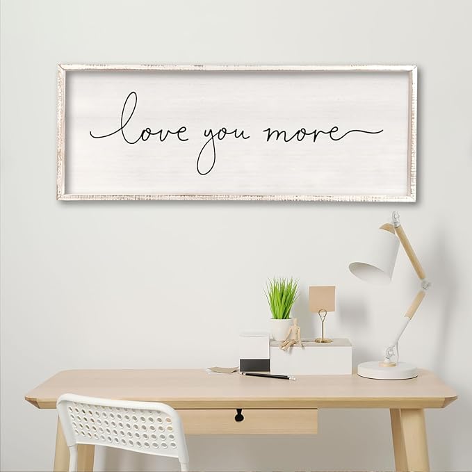 comurdyo Minimalist Love Quotes Love You More Wall Decor 40"×15" Small Modern Above Over Bed Bedroom Romantic for Rustic Couples Framed Wood Sign Horizontal Hanging Wall Art Decor (White)