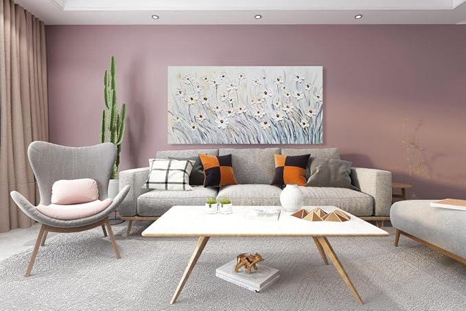 SYGALLERIER 3D White Floral Large Canvas Wall Art Hand Painted Textured Wall Art Modern Abstract Painting Aesthetic Pictures for Living Room Bedroom Bathroom Decoration