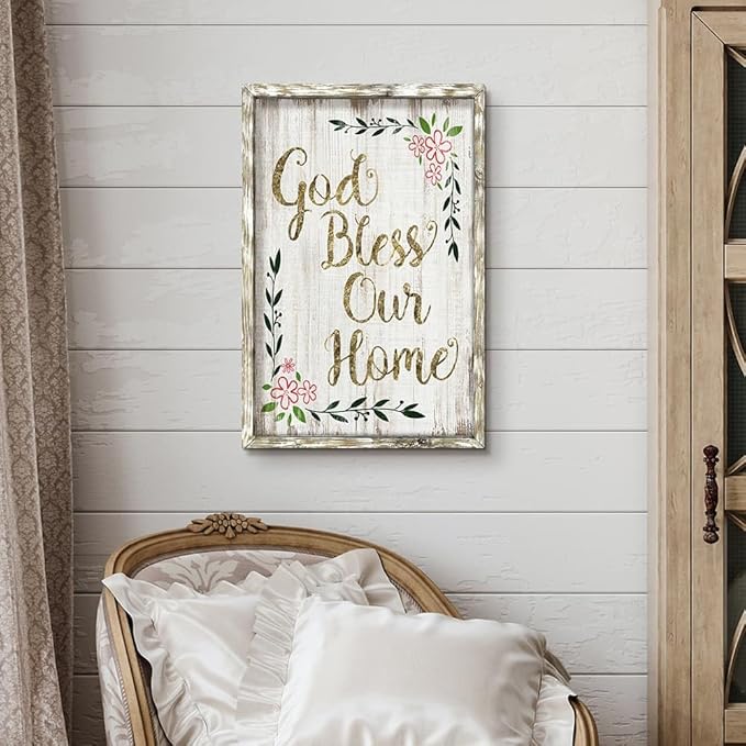 Inspirational Home Wall Art Decor: Christian Signs Wooden Framed Print Decoration Farmhouse God Bless Sayings Picture Religious Quotes Artwork for Bedroom Living Room Dining Room