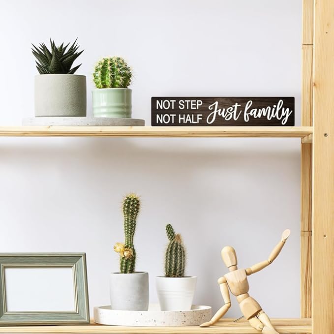AGMDESIGN Not Step Not Half Just Family Wood Sign, Heartwarming Family Unity Wall Decor for Shelf Desk Door, Farmhouse Bedroom Kitchen Bathroom Wood Hanging Plaque, Great Gifts for Families