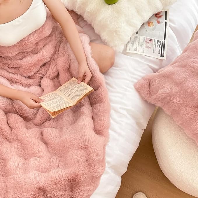 H&D Faux Fur Throw Blanket for Couch,Fluffy Cozy Soft Plush Luxury Thick Fuzzy Fleece Blanket for Couch Bed Sofa Bedroom Living Room,Comfy Bubble Blanket(Rose, Full (70"x80"))