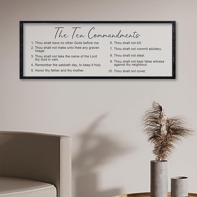 comurdyo Christian The Ten Commandments Bible Verse Wall Decor Art 32"×12" Large Wood Framed God Prayer Catholic Saying Catholic Sign for Vintage Living Room Jesus Plaque Wall Hanging (Black)
