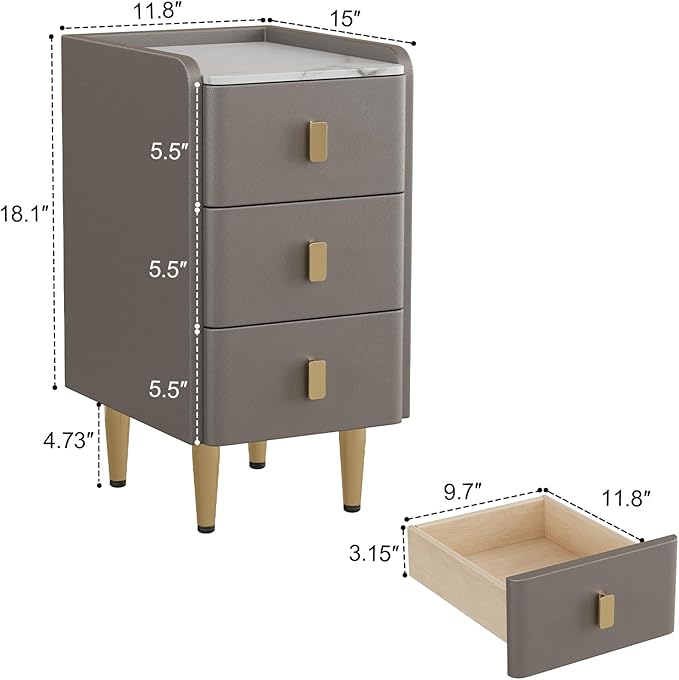 AQIMUELE Narrow Nightstand with Drawers, Narrow Side Table Leather, Small Bedside Tables for Bedroom. (Dark Gray)