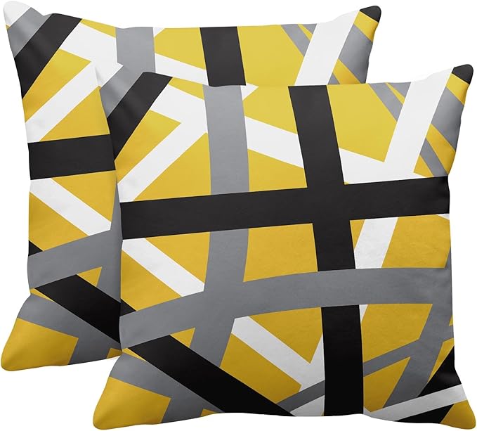 Emvency Set of 2 Throw Pillow Cover Yellow Black Stripes Grey White Design Retro Decorative Pillow Case Striped Home Decor Square 16x16 Inch Cushion Pillowcase