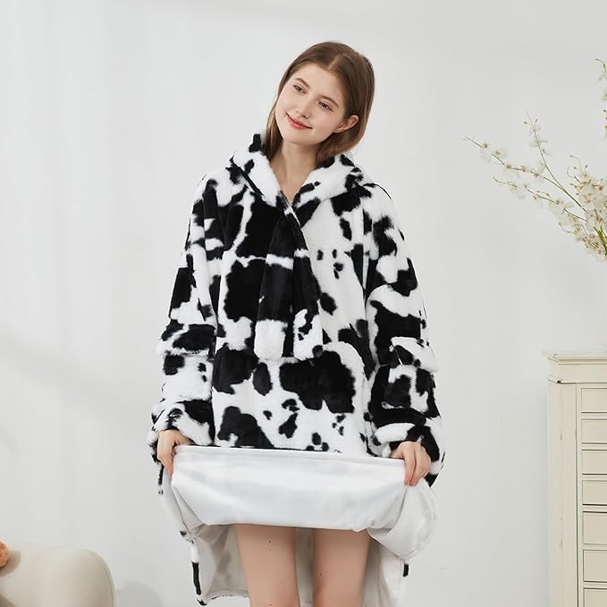 Softan Blanket Hoodie, Oversized Fleece Wearable Blankets for Women and Men Gifts, Cozy Warm and Soft Sweatshirt Blanket with Large Pocket, Cow Print