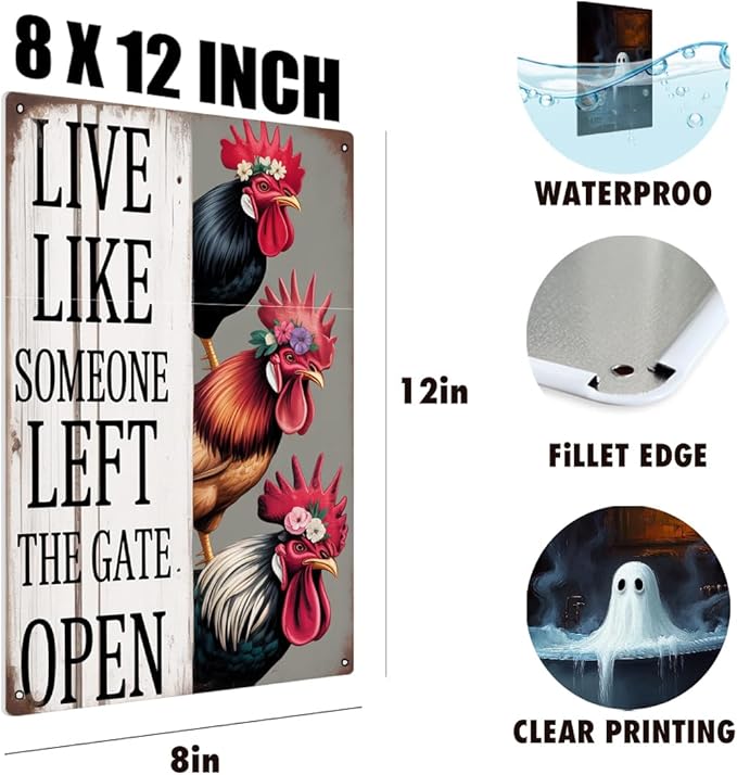 Chiken Rooster Gifts Vintage Chicken Sign Live Like Someone Left The Gate Open Metal Tin Sign for Home Chicken Kitchen Coop Farm Fence Bathroom Bedroom Decor 8x12 Inches