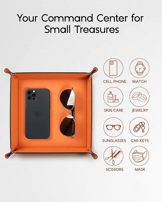 Valet Tray for Men Women, Nightstand Organizer Vanity Catchall Holder for Dresser Desk Storage Bedside, Travel PU Leather Jewelry Key Bowl EDC Watches and Candy Entryway Tray - Large