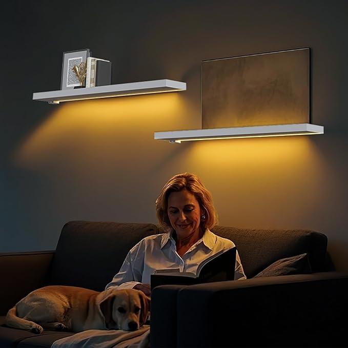 BAMEOS Floating Shelves with LED for Wall Decor, Sturdy Shelves with Warm Light, Wall Mounted Display Shelves, Set of 2, Hanging Shelf for Bathroom, Bedroom, Kitchen, Living Room Storage, White