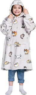 Waitu Wearable Blanket for Kids, Wearable Blanket Hoodie Gifts for Teens Girls and Boys, Warm Blanket Sweatshirt for Teenage, Thick Flannel Hoodie Blanket with Sleeves - Cat Gray