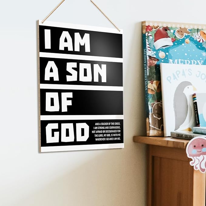 UDNADKEX Boy Room Wall Sign Hanging Decor, I Am a Son of God, Christian Nursery Boy Bedroom Teen Room Playroom Scripture Wooden Decor Nursery Bible Verse Decoration