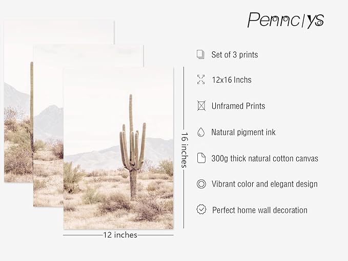 Pennclys Sonoran Desert Landscape Wall Art Cactus Arizona Canvas Wall Decor Desert Poster Pictures Saguaro Cactus Art Prints Landscape Painting for Home Bedroom 12x16x3 Inch Unframed