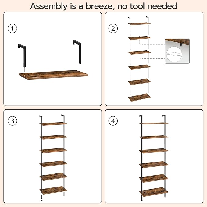 HOOBRO DIY Ladder Shelf, 6-Tier Wall Mounted Bookshelf, Office Vertical Bookcase, Wooden Storage Shelves for Home Office, Bedroom, Rustic Brown and Black BF65CJ01