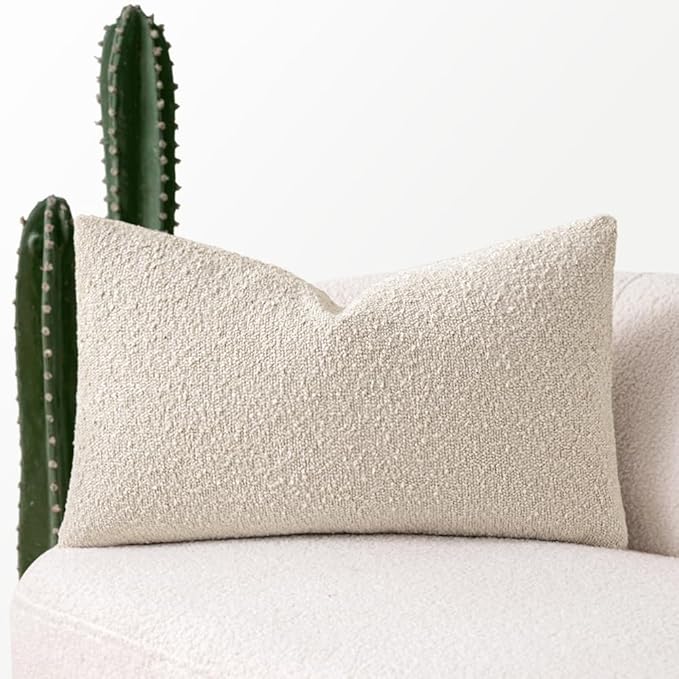 MIULEE Textured Boucle Throw Pillow Cover Beige Accent Solid Lumbar Pillow Case Decorative Soft Pack of 1 Couch Cushion Chair Sofa Bedroom Livingroom Home Decor,22x14 Inch