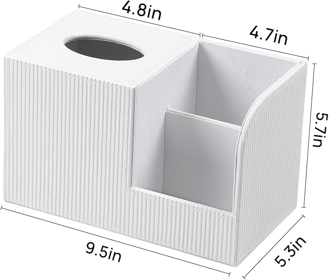 Square Tissue Box Cover with 2 Compartments Storage Organizer, PU Leather Tissue Box Holder with Remote Control Holder for Livingroom Nightstand, Multifunctional Cube Tissue Holder (White)