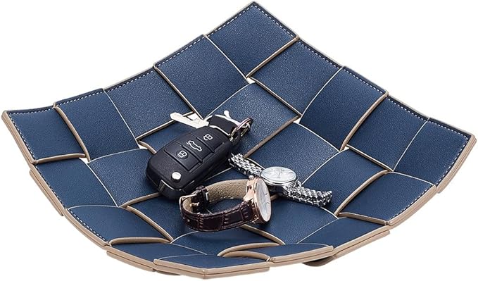 Beebeecraft PU Leather Key Holder Bowl Square Double-Sided Storage Tray for Entryway Table Bedside Nightstand Desk Catchall Organizer Tray (Blue, Brown