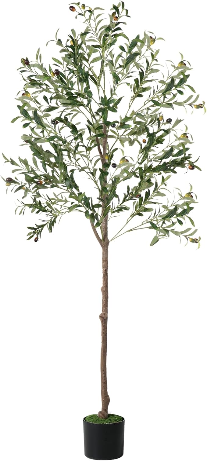 Olive Tree, 6FT Tall Faux Olive Tree with Moss and Planter, Olive Trees Artificial Indoor with Realistic Wood Trunk and Lifelike Fruits, Fake Tree for Home Office Living Room Decor