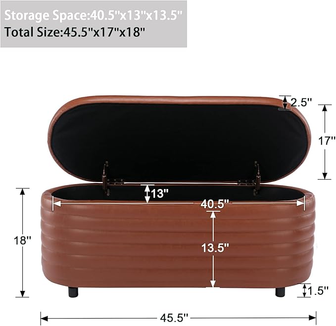 Storage Ottoman Bench Upholstered PU Leather End of Bed Stool with Safety Hinge for Bedroom, Living Room, Entryway (45.5-inch, Brown)