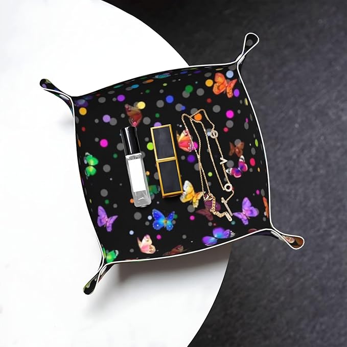 Starry Butterfly Leather Vanity Tray Desktop Storage Organizer, Decorative Catchall Perfume Tray, Bathroom Valet Tray,Nightstand Caddy Holder for Keys Phone Wallet Coin Jewelry, S