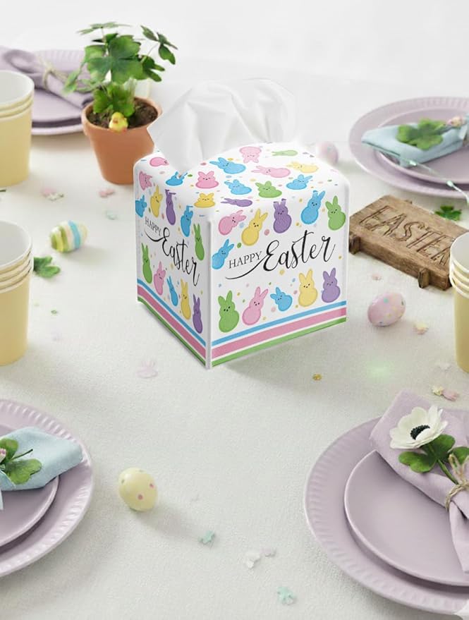 Easter Day Napkin Tissue Box Cover, Colorful Bunny Waterproof Leather Paper Organizer Dispenser for Table Dining, Bathroom, Nightstand Vanity, Car, Housewarming Gift Ideas, N