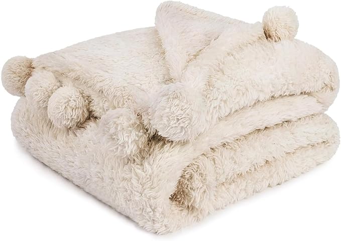 PAVILIA Cream Sherpa Throw Blanket for Couch, Warm Plush Pom Pom Blanket Throw Twin, Ivory Fuzzy Sofa Blanket Throw for Bed, Lightweight Soft Cozy Fluffy Blanket with Pom Poms, Beige, 60x80