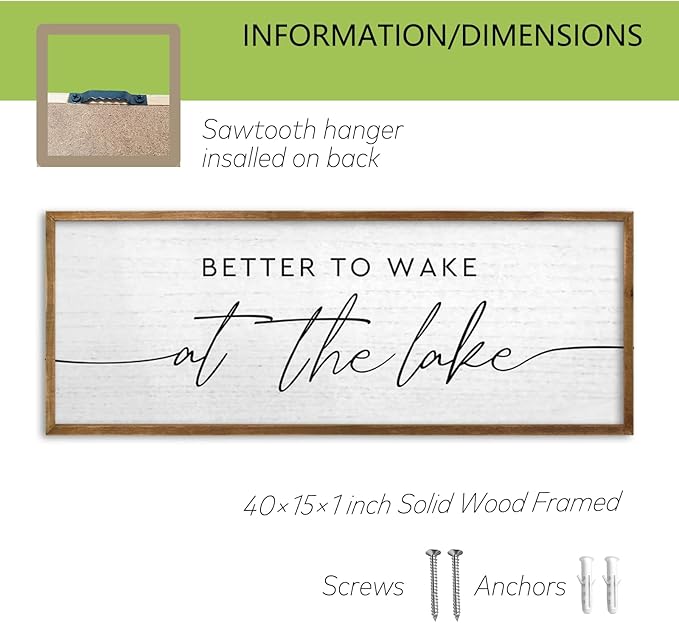 TQianJiang Lake House Decor Better To Wake At The Lake Sign 40"×15" for Bedroom Above Over Bed Large Country Home Cabin Farmhouse Rustic Quote Wood Framed Wall Hanging Art (Wood)