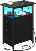 Yoobure End Table with Charging Station, LED Narrow Side Table Bedside Table, Small Night Stand End Tables Living Room, Skinny Nightstand with 3 Fabric Drawers, Side Tables Bedroom for Small Spaces